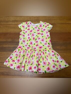 Luli & Me Yellow Viscose Fully Lined Dress with Pink Rose Print Size 12 Months